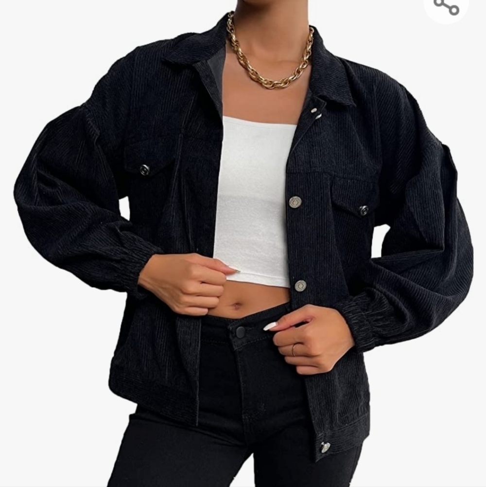 NWOT black pleated balloon sleeve ribbed corduroy oversized shirt jacket - Picture 2 of 9